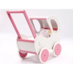 Houten Poppenwagen De Luxe White Incl. Dekbed / Slaapzak -Speelwereld Winkel houten poppenwagen met kap pallas wit rose 1
